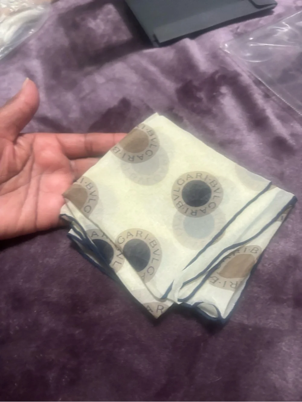 Bvlgari Cream Scarf with Beige Rings and  Navy Centers.  Cream Navy & Taupe